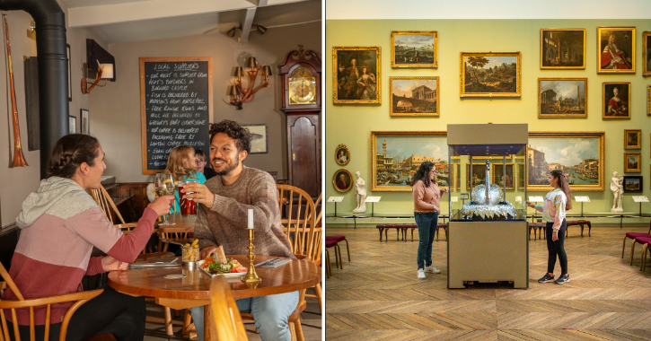 man and woman enjoying food and drink in a pub and woman and girl looking at silver swan at Bowes Museum.